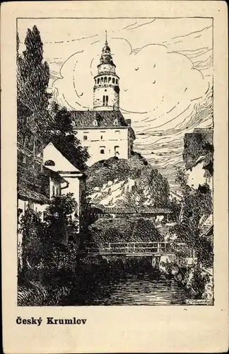 Künstler Ak Český Krumlov Böhmisch Krumau Krummau Südböhmen, Stadtansicht, Brücke, Fluss