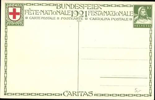 Ganzsachen Ak Schweiz, Bundesfeierkarte 1921, Caritas, Krankenschwester