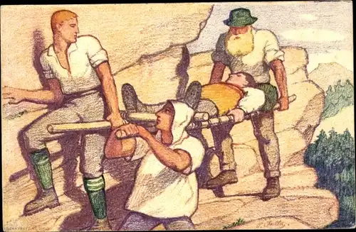 Ganzsachen Künstler Ak Schweiz, Bundesfeier 1921, Caritas, Verwundetentransport im Gebirge