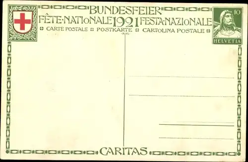 Ganzsachen Künstler Ak Schweiz, Bundesfeier 1921, Caritas, Verwundetentransport im Gebirge
