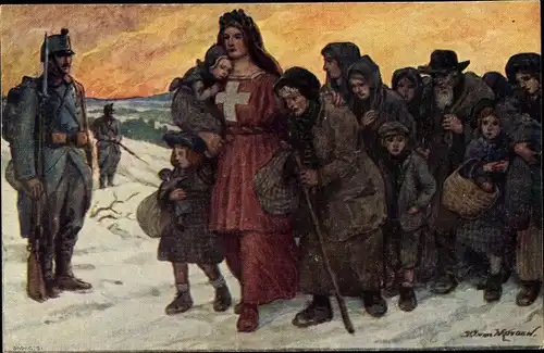 Ganzsachen Künstler Ak Bundesfeier 1915, Helvetia, Kriegsflüchtlinge, Schweiz