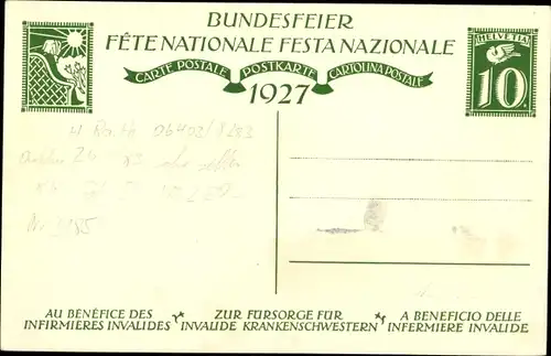 Ganzsachen Künstler Ak, Schweiz, Bundesfeier 1927, Krankenschwester