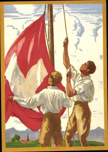 Ganzsachen Künstler Ak Courvoisier, J., Schweiz, Bundesfeier 1929, Männer hissen Nationalflagge