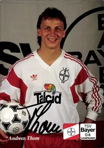 Autogrammkarte Fußball, Andreas Thom, Bayer Leverkusen, Autogramm