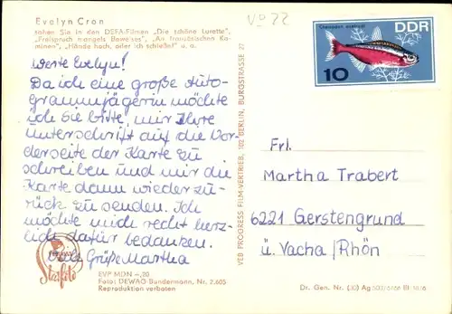 Ak Schauspielerin Evelyn Cron, DEFA, Die schöne Lurette, Portrait, Autogramm