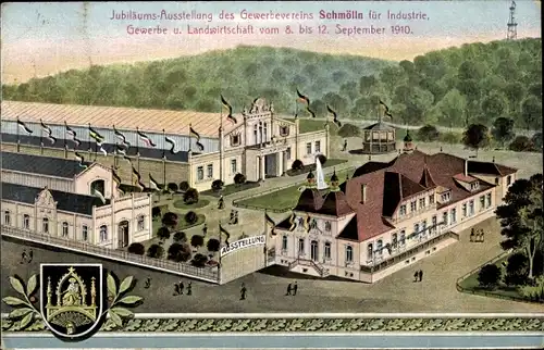 Ak Schmölln in Thüringen, Jubiläumsausstellung des Gewerbevereins für Industrie 1910, Halle, Wappen