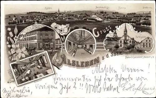 Litho Alsleben an der Saale, Panorama, Marktplatz, Hotel Deutsches Haus, Restaurant