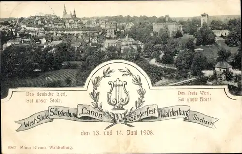 Ak Waldenburg in Sachsen, Gesamtansicht, West-Sächsischer Sängerbund Canon, Sängerfest 1908