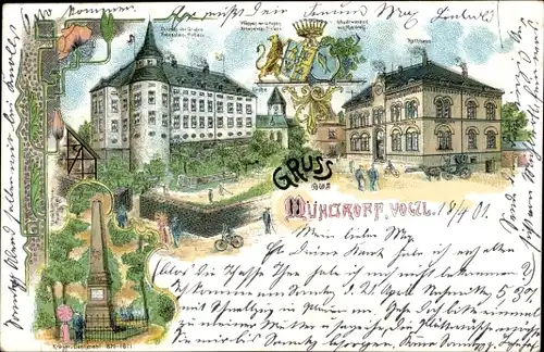 Litho Mühltroff im Vogtland, Schloss Graf Hohenstein Pichau, Rathaus, Stadtwappen, Kriegerdenkmal