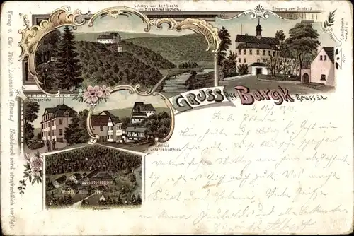 Litho Burgk Schleiz in Thüringen, Schloss, Amtsgericht, Burgkhammer, Gasthaus