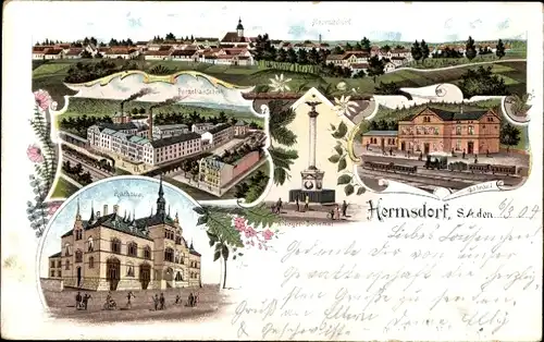 Litho Hermsdorf in Thüringen, Gesamtansicht, Bahnhof, Kriegerdenkmal, Rathaus, Porzellanfabrik