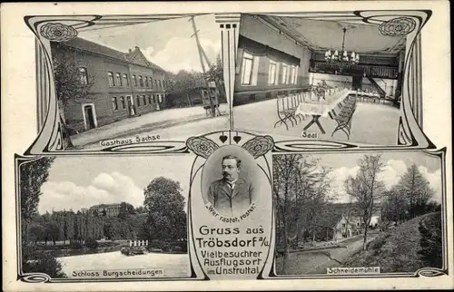 Ak Tröbsdorf Laucha an der Unstrut, Gasthaus Sachse, Wirt, Schloss Burgscheidungen, Schneidemühle