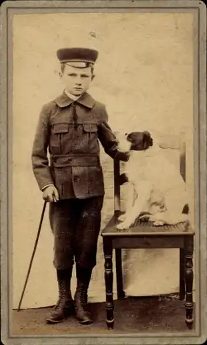 Kabinett Foto Junge mit Hund, Standportrait