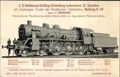 Ak Deutsche Eisenbahn, Hanomag, Preußische Staatsbahn Gattung S 10