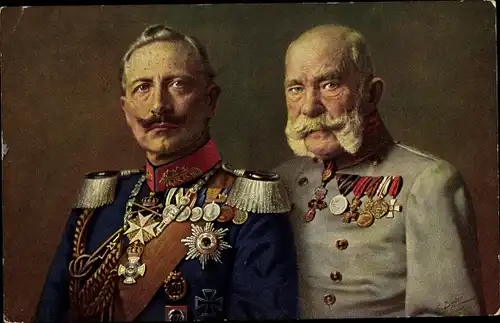 Künstler Ak Kaiser Wilhelm II., Kaiser Franz Joseph I., Portrait, Orden, Uniform