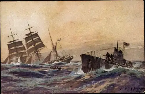 Künstler Ak Stöwer, Willy, Deutsches U Boot versenkt französische Bark, Atlantik, U-Boot Spende 1917