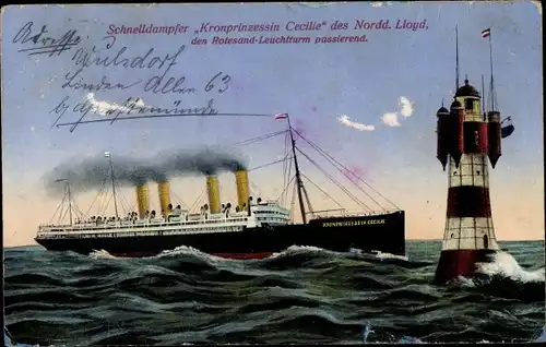 Ak Schnelldampfer Kronprinzessin Cecilie, Norddeutscher Lloyd Bremen, Rotesand-Leuchtturm