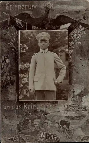 Passepartout Foto Ak Deutscher Soldat in Uniform, Standportrait, Kriegsjahr 1914/15, Adler, Schiff