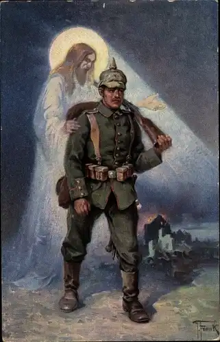 Künstler Ak Frank, Josef, Mit Gott für Kaiser und Reich, Deutscher Soldat, Jesus Christus, I. WK