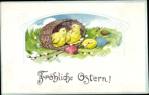 Ak Glückwunsch Ostern, Küken, Weidenkorb, Ostereier