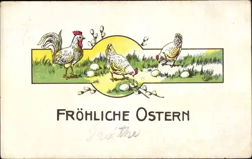 Ak Glückwunsch Ostern, Hühner, Ostereier, Weidenkätzchen