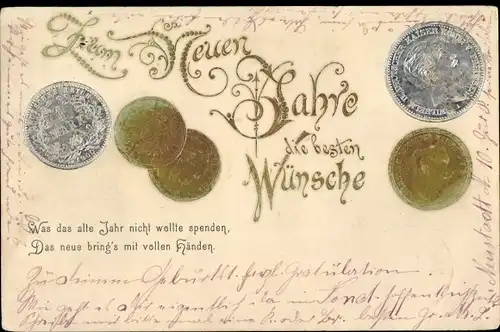 Präge Litho Glückwunsch Neujahr, Münzen