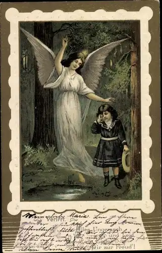 Passepartout Präge Litho Verirrtes Mädchen, Schutzengel