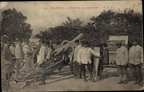 Ak Valence, Französisches Geschütz, 155mm Haubitze, Soldaten