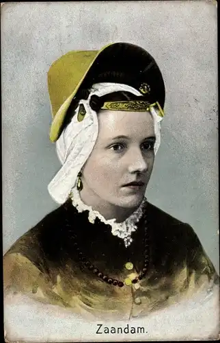 Ak Zaandam, Frau in niederländischer Volkstracht, Portrait