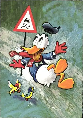 Ak Walt Disney, Donald Duck, Glatte Straße, Verkehrsschild