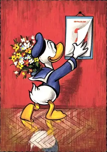 Ak Walt Disney, Donald Duck mit Blumenstrauß, Kalender