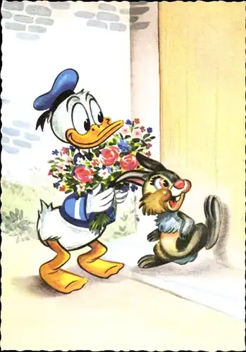 Ak Walt Disney, Donald Duck mit Blumenstrauß, Klopfer
