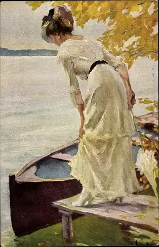 Künstler Ak Cucuel, E., Am Landungssteg, Frau in weißem Kleid, Ruderboot