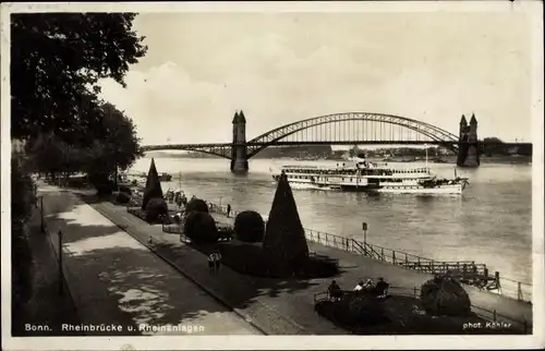 Ak Bonn am Rhein, Rheinbrücke, Rheinanlagen, Dampfer