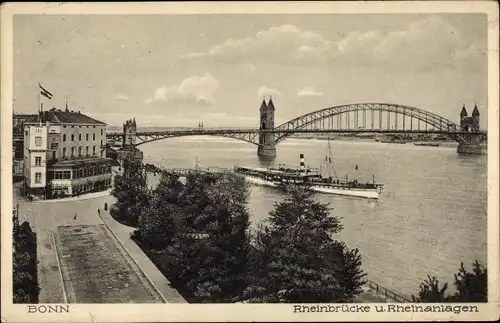 Ak Bonn am Rhein, Rheinbrücke, Rheinanlagen, Dampfer, Teilansicht