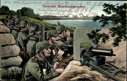 Ak Deutsche Soldaten in Uniformen, feuernde Maschinengewehre