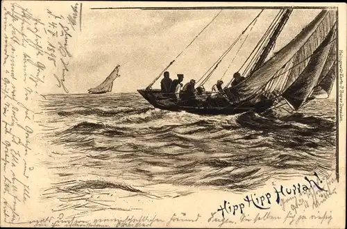 Ak Hipp Hipp Hurrah, Segelboot auf dem Meer