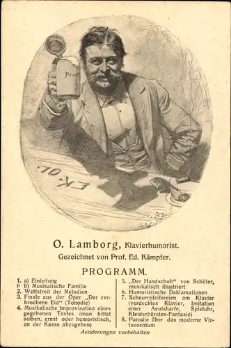 Künstler Ak Kämpfer, Ed., O. Lamborg, Klavierhumorist, Programm