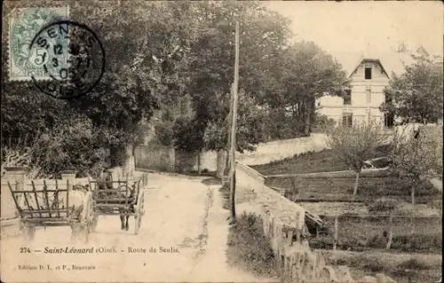 Ak Saint Léonard Oise, Weg nach Senlis, Fuhrwerke am Weg