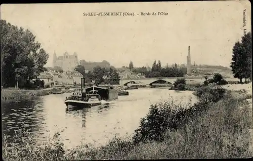 Ak Saint Leu d'Esserent Oise, Partie am Fluss, Boote, Brücke