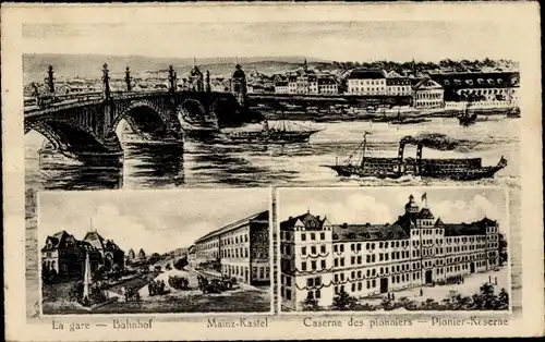 Ak Mainz Kastel Wiesbaden in Hessen, Bahnhof, Pionier Kaserne, Brücke, Dampfer