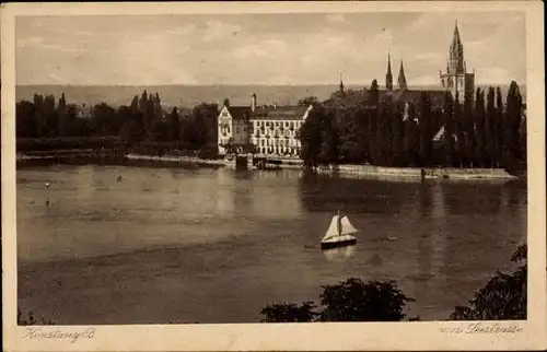 Ak Konstanz am Bodensee, Teilansicht, Segelboot