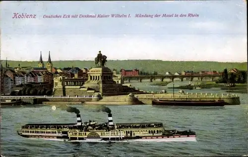 Ak Koblenz am Rhein, Deutsches Eck, Denkmal Kaiser Wilhelm I, Mündung der Mosel in den Rhein