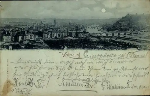 Mondschein Ak Würzburg am Main Unterfranken, Panorama, Brücke