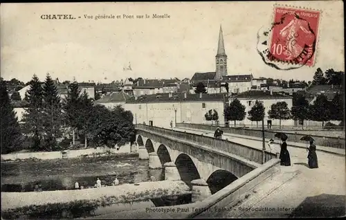 Ak Châtel sur Moselle Vosges, Gesamtansicht und Brücke über die Mosel