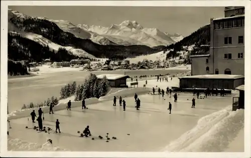 Ak Sankt Moritz Bad Kanton Graubünden, Grand Hotel, Curling, Winteransicht