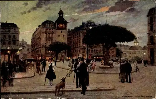 Künstler Ak Genf, Place Bel Air et Tour de Ile, Hund, Passanten