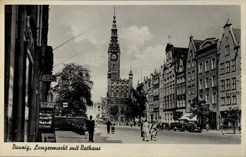 Ak Danzig, Langermarkt mit Rathaus, Turmuhr, Straße