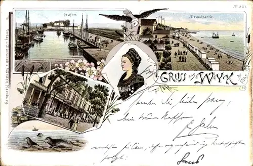 Litho Wyk auf Föhr in Nordfriesland, Hafen, Strandpartie, Kurhaus, Robben, Nordfriesin, Möwe