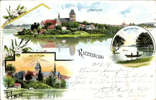 Litho Ratzeburg in Lauenburg, Demolierungsecke, Dom mit Probstei, Totale